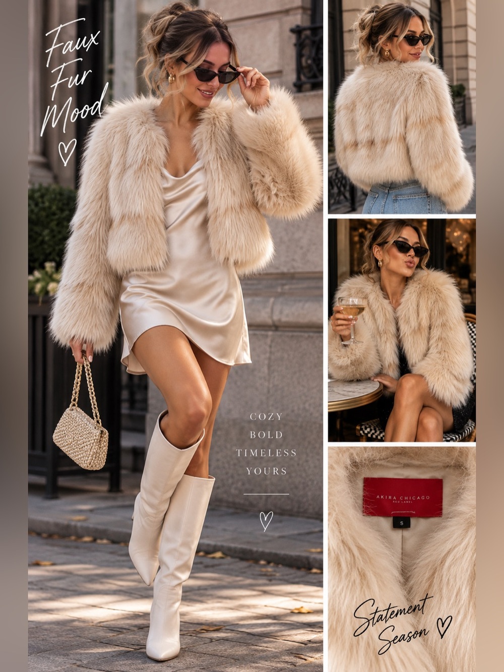 AKIRA Red Label Faux Fur Cropped Jacket - Cream
